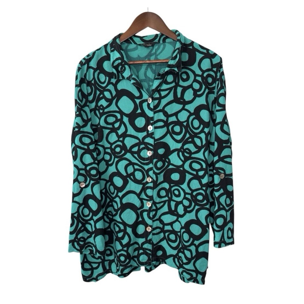 John Mark button front tunic top women's XL black swirls wire collar boho artsy
